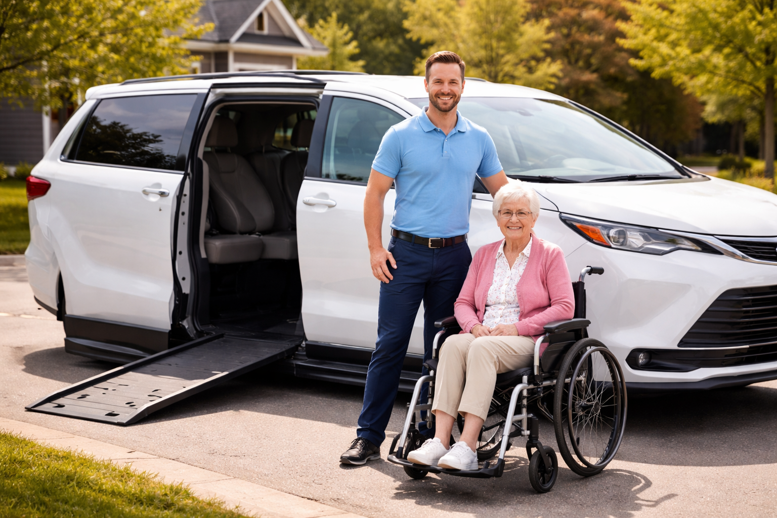 One Mobility driver standing next to a woman in a wheelchair beside a wheelchair-accessible Toyota Sienna